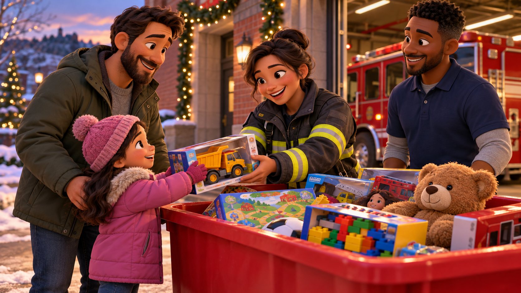 Animated-style illustration of a family, firefighter and Rotary volunteer collecting toys for Hamilton children.