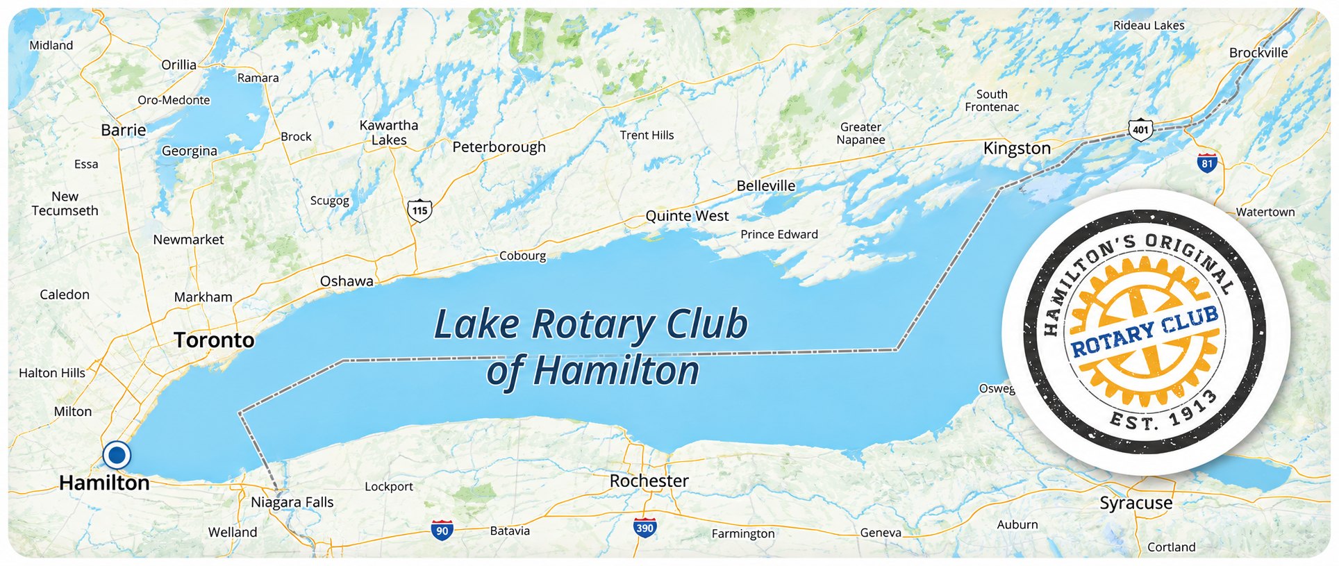 Map of Lake Ontario relabelled Lake Rotary Club of Hamilton, with the Hamiltons Original Rotary Club est. 1913 crest