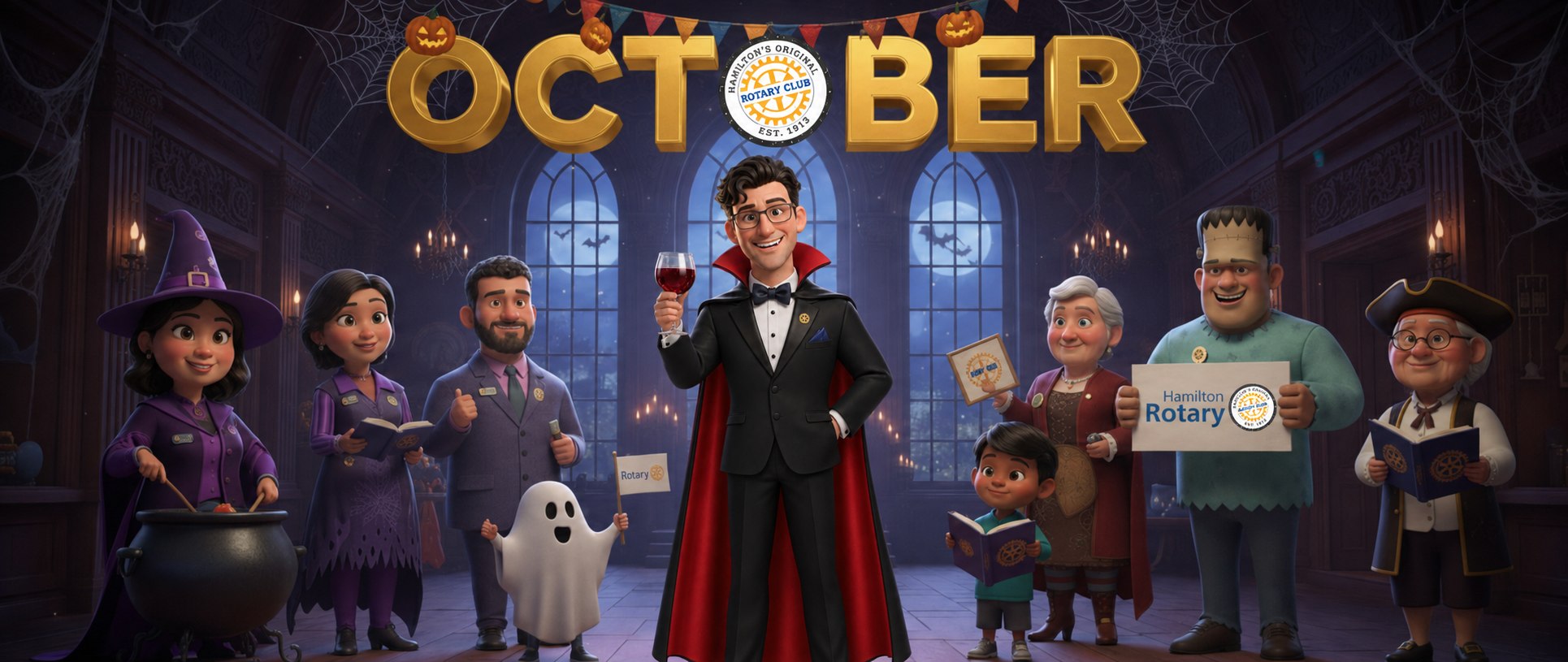 October at the Rotary Club of Hamilton. Club members in Halloween costumes gathered in a decorated hall beneath a gold OCTOBER sign.