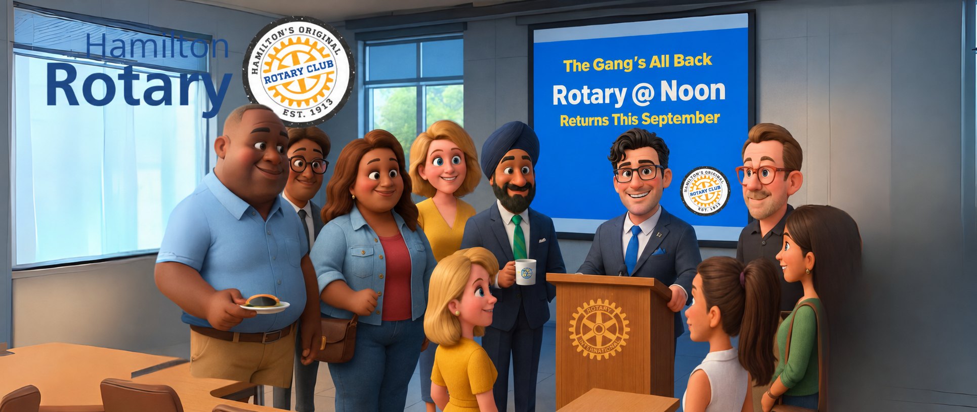 Rotary at Noon returns this September. Rotary Club of Hamilton members gathered in the meeting room while the club president speaks at the podium.