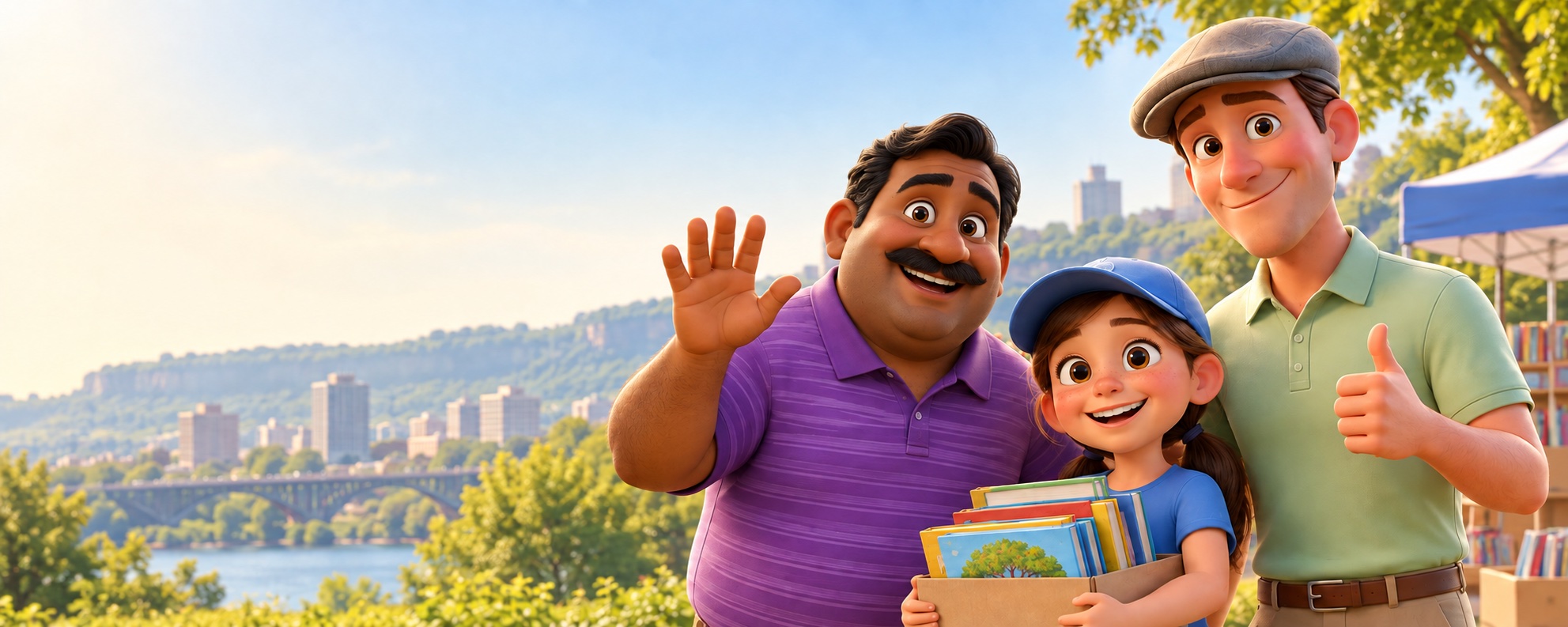 Three welcoming illustrated Rotary community volunteers, including a girl carrying children's books