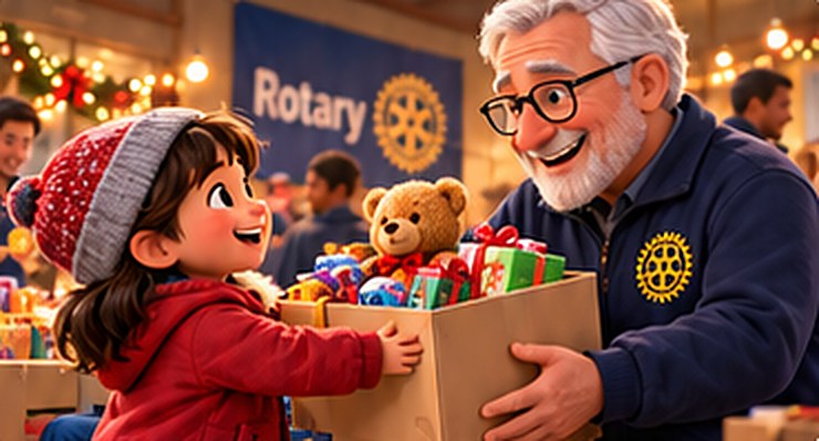 A Rotary volunteer handing a box of toys to a young girl