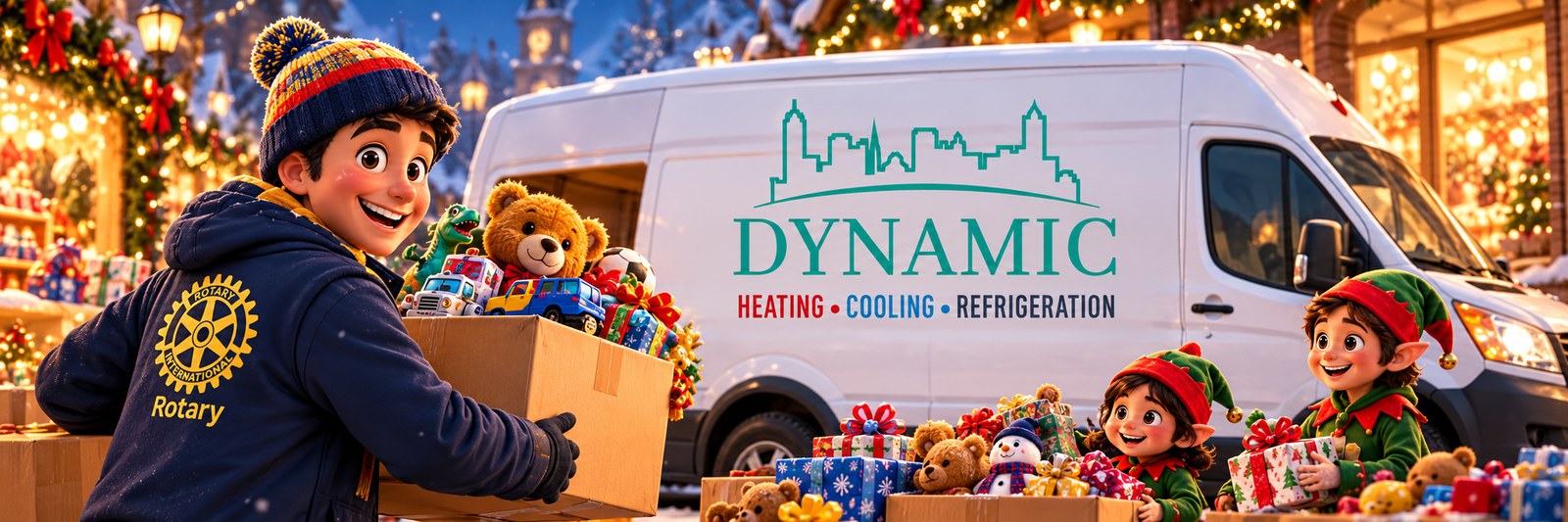 A Rotary volunteer and elves loading donated toys into a Dynamic van