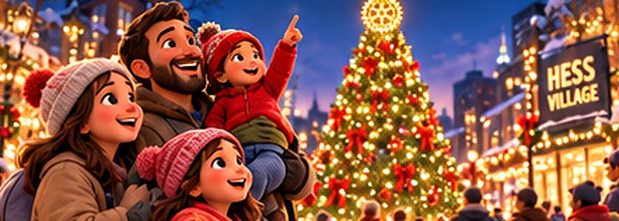 A family watching the Christmas Tree of Hope light up in Hess Village