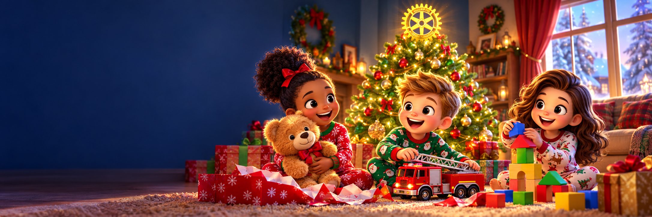 Illustration of children opening gifts by a Christmas tree on Christmas morning.
