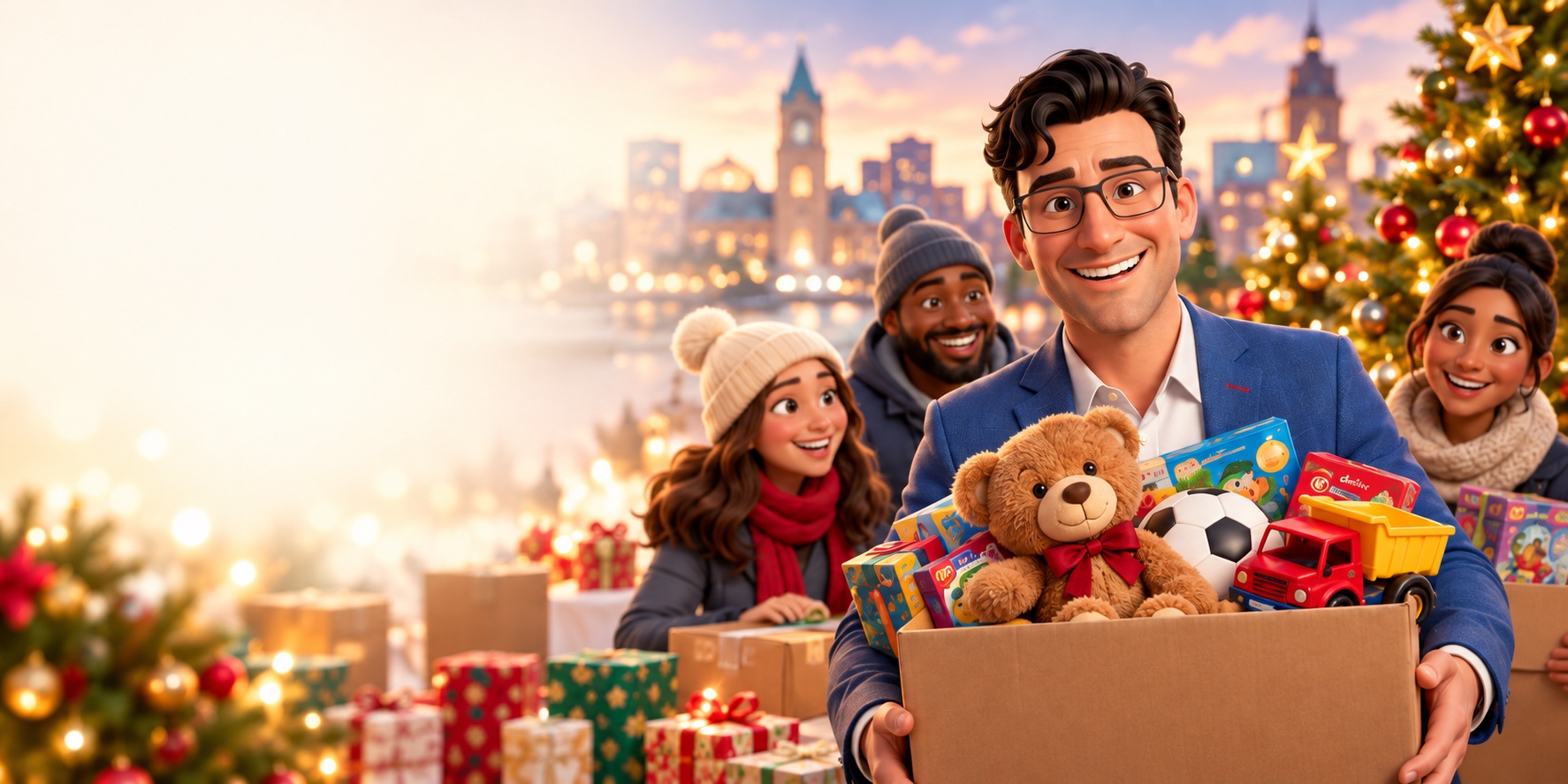 Illustration of smiling volunteers holding a box of toys beside a Christmas tree in Hamilton.