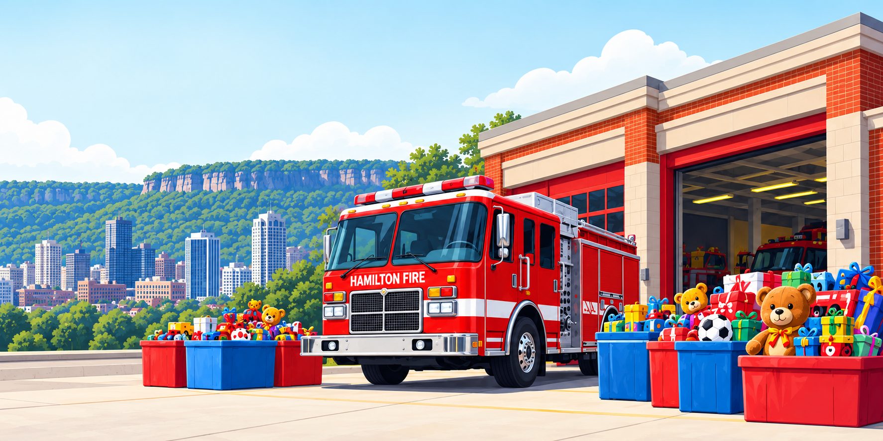 Hamilton Fire truck outside a fire station with bins full of donated toys, the escarpment and skyline behind.
