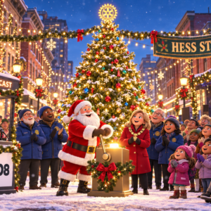 Santa switches on the Christmas Tree of Hope with the mayor, Rotarians and families at Hess St. BIA, beside a live Y108 and Energy 95.3 broadcast.