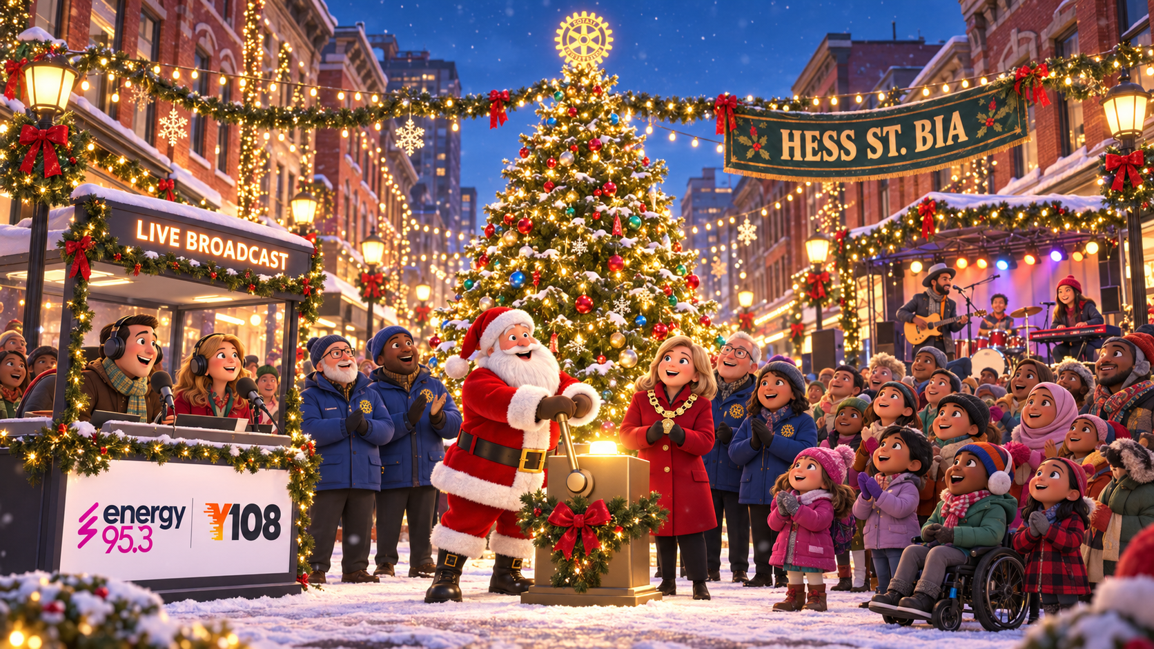Illustration of Santa switching on the Christmas tree beside the mayor and Rotarians, with families, a band and a Y108 and Energy 95.3 live radio booth beneath a Hess St. BIA banner.