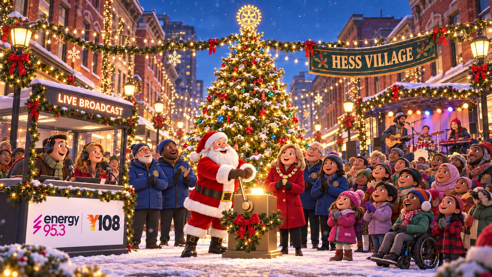 Illustration of Santa switching on the Christmas tree beside the mayor and Rotarians, with families, a band and a Y108 and Energy 95.3 live radio booth beneath a Hess Village banner.