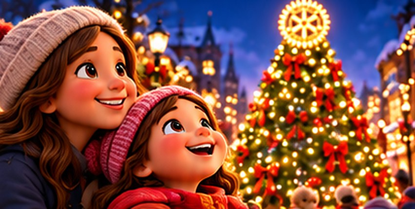 A mother and daughter looking up at the Christmas Tree of Hope